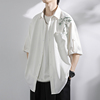 男士冰丝短袖衬衫，夏季新中式竹叶印花休闲衬衣，大码青少年外套