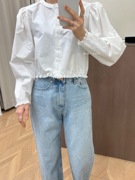 韩国东大门春季高品质，可爱泡泡袖，蕾丝边短款白色衬衫女