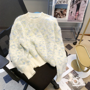 奶fufu的毛衣女韩版温柔风扎染菱格毛衫秋季慵懒风套头长袖针织衫
