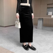 黑色优雅高端丝绒开叉半身裙，2023秋冬单裙长裙气质包臀一步裙