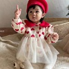 韩版冬款女宝宝圣诞节衣服娃娃领加绒连体裙子婴儿爱心包屁连衣裙