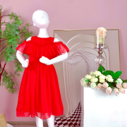 童装女童夏装连衣裙短袖雪纺荷叶，边露肩红色，裙子女宝裙子薄