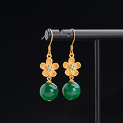 天然绿玛瑙耳坠长款s925纯银，花朵绿松石耳饰，简约气质圆珠灵动耳环