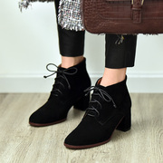 第一街系带短靴女粗跟2019百搭黑色冬季高跟鞋加绒靴子女踝靴