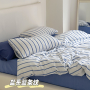 日系海蓝清爽条纹纯棉水洗棉，四件套微微褶床上用品，透气四季ins风