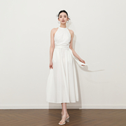 holidayqueen法式复古设计感长裙，白色挂脖连衣裙背心，裙显瘦裙子