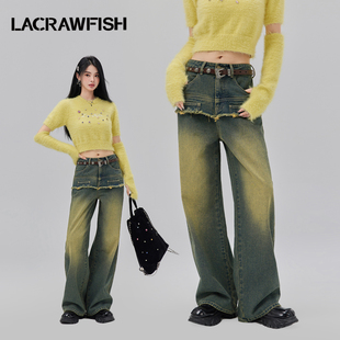 lacrawfish美式潮复古牛仔裤，女2024半截，式毛边水洗阔腿裤子