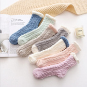 女冬季珊瑚绒袜子加厚加绒保暖毛巾地板中筒可爱糖果色睡觉睡眠袜