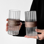 高颜值挂耳咖啡杯冰美式拿铁杯家用竖纹玻璃杯隔热泡，茶杯喝水杯子