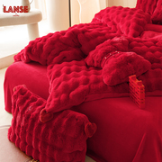冬季兔兔绒红色婚庆四件套加厚保暖牛奶绒结婚被套床单床上用品