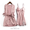 睡衣女夏季薄款冰丝绸睡袍，睡裙两件套性感带胸垫长吊带家居服套装