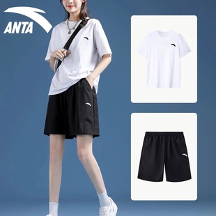 安踏运动套装白色女生夏季速干跑步服女装短袖短裤两件套