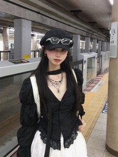 玫瑰暗纹莲藕袖复古领带少女衬衫亚文化设计感提花拼接上衣黑色潮