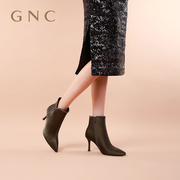 GNC尖头细跟时装短靴女2023冬法式真皮通勤高跟水钻及踝靴