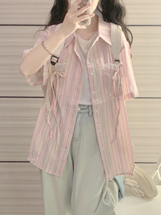 设计感粉色条纹绑带短袖衬衫，女夏装日系学生宽松可爱洋气减龄上衣