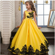 黄色儿童礼服花童婚纱蓬蓬裙，女童钢琴主持人，演出服晚礼服长款蕾丝