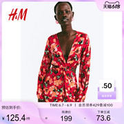 hm女装连衣裙2023夏季长袖v领结饰镂空碎花淑女中裙1100164