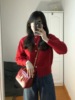 复古红色毛衣女(毛衣女)短款慵懒软糯针织开衫，法式别致显瘦灯笼袖外套套装
