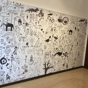 现代北欧壁画涂鸦墙纸，儿童房壁纸卧室，男孩个性创意手绘黑白壁画