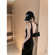 GYOKUU 2023ss 黑色复合面料弹力紧身长款吊带连衣裙质感高级长裙