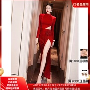 ZS名品越南设计师 Glamdoll 高领长袖露腰花朵高腰开衩气质连衣裙