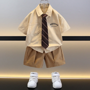 男童领带短袖衬衫套装夏季2024小童学院风，洋气时髦潮儿童夏装