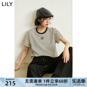 lily2024夏女装(夏女装)时尚休闲通勤款百搭宽松舒适透气条纹短袖t恤
