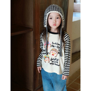 韩国童装女童长袖t恤春季洋气卡通印花条纹T恤儿童插肩袖上衣