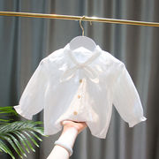 2024春装女童装宝宝婴幼儿韩版蕾丝蝴蝶结白色衬衫打底衫上衣