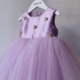 女童周岁小礼服淡紫色蓬蓬连衣裙后背挖桃心珍珠儿童连衣裙外贸款