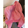 名媛气质小香风甜美温柔粉色，格子圆领针织开衫，女长袖短款毛衣外套