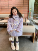 韩版儿童外套冬季女童洋气加厚夹棉加厚保暖紫色长袖连帽大衣女孩
