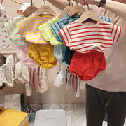韩国婴儿夏装儿童短裤套装男女，宝宝休闲宽松纯棉条纹t恤两件套潮