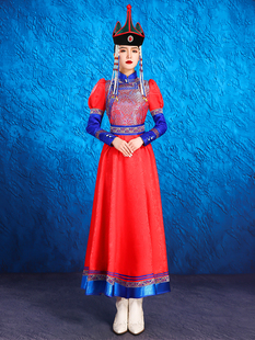 连衣裙大裙摆民族风蒙古少数红色舞蹈服饰，袍艺考长拼接长袖演出服
