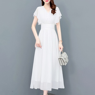 雪纺连衣裙女夏2024温柔风荷叶，袖显瘦白色长裙气质，女神范裙子(范裙子)