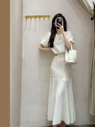 法式茶歇白色鱼尾裙连衣裙子质感高级感御姐小香风两件套装女夏季