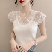 短袖女修身白色蕾丝花边，镂空时髦洋气性感打底衫t恤上衣夏t衫