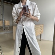 dtetolie韩版立领系带条纹，连衣裙女2024春季设计感长袖衬衫裙子