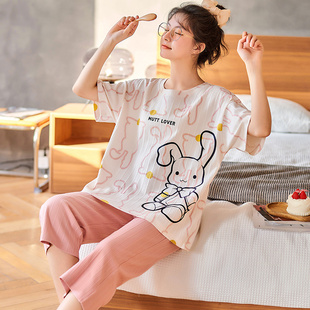 夏季睡衣女士纯棉可爱韩版卡通短袖七分裤薄款套装学生春秋家居服