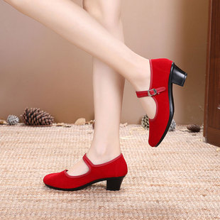 舞蹈鞋女红色平绒老北京布鞋成人布面舞鞋广场舞女士跳舞的专用鞋