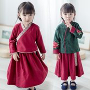 女童汉服襦裙红色小孩中国风改良复古装民族，风女宝宝衣服儿童唐装