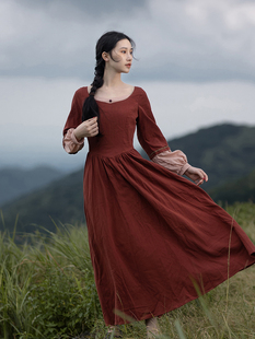 拾光裁缝爱丽莎原创复古法式中世纪南法庄园枣红色影视连衣裙