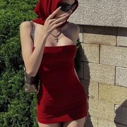 圣诞节日性感红色抹胸连衣裙女2023秋季辣妹修身显瘦包臀裙子