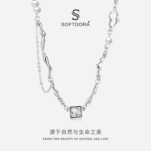 STD珍珠拼接锆石项链女 不规则线条方形吊坠小众设计款欧美锁骨链