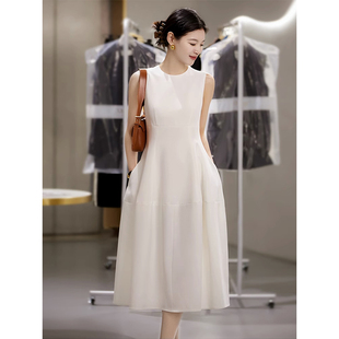 气质白色连衣裙女夏季轻礼服定制立裁圆领无袖修身白月光长裙