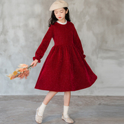 女童酒红色连衣裙秋冬款，中大童过年衣服公主，裙新年装儿童冬季裙子