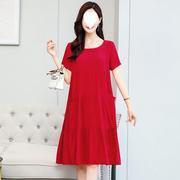 玫红色连衣裙妈妈棉绸女夏装，人造棉中长裙，中年遮肚色裙子