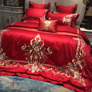 欧式大红色结婚床上四件套奢华刺绣高档全棉纯棉十件套婚庆g