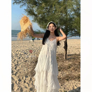 茶歇法式白色吊带连衣裙女2024夏季海边度假风超仙蛋糕长裙子