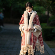 中国风毛披肩(毛披肩)旗袍，外搭皮草毛领披风女加绒加厚拜年斗篷外套秋冬季